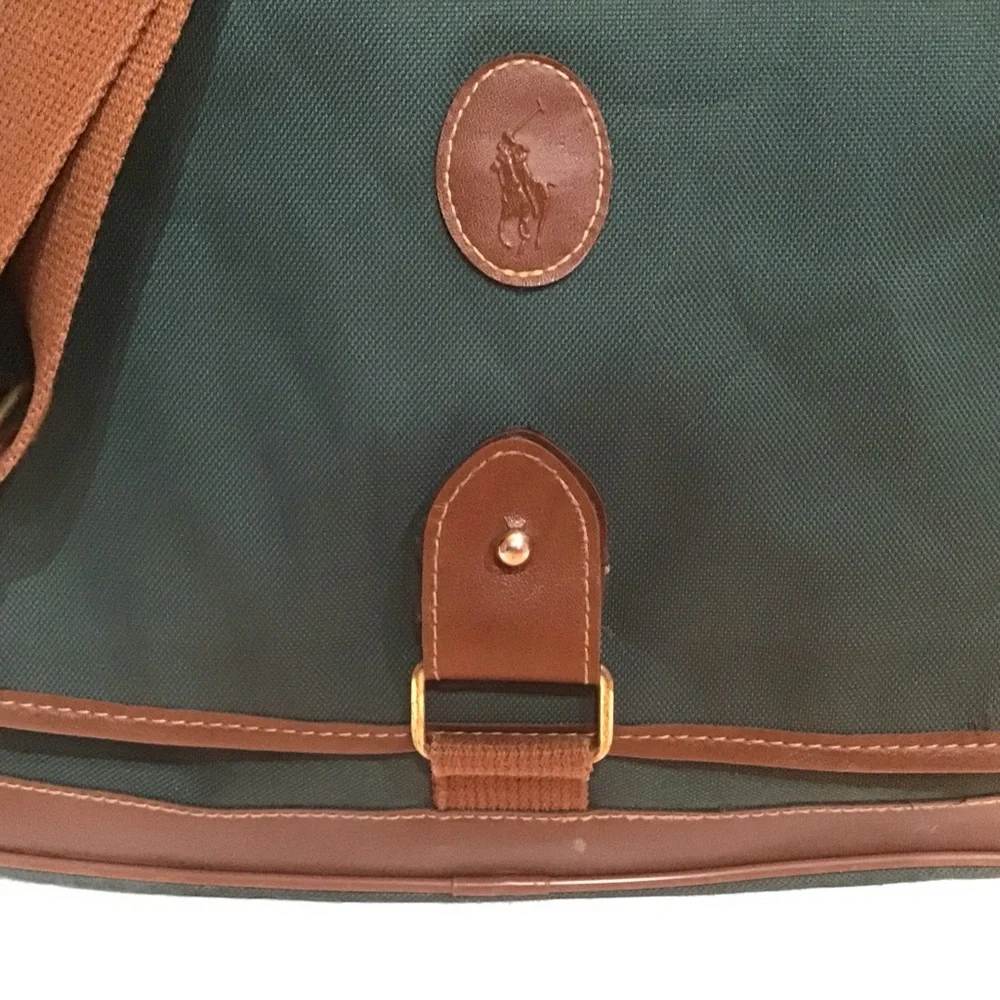 Polo Ralph Lauren Vintage Messenger Bag Hunter Green Brown Leather Trim